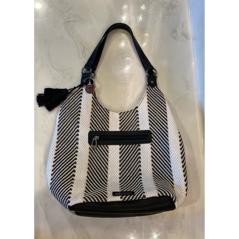 Sakroots Roma Woven Straw Shoulder Hobo Bag  Black White Stripe Boho Expandable - Picture 3 of 12